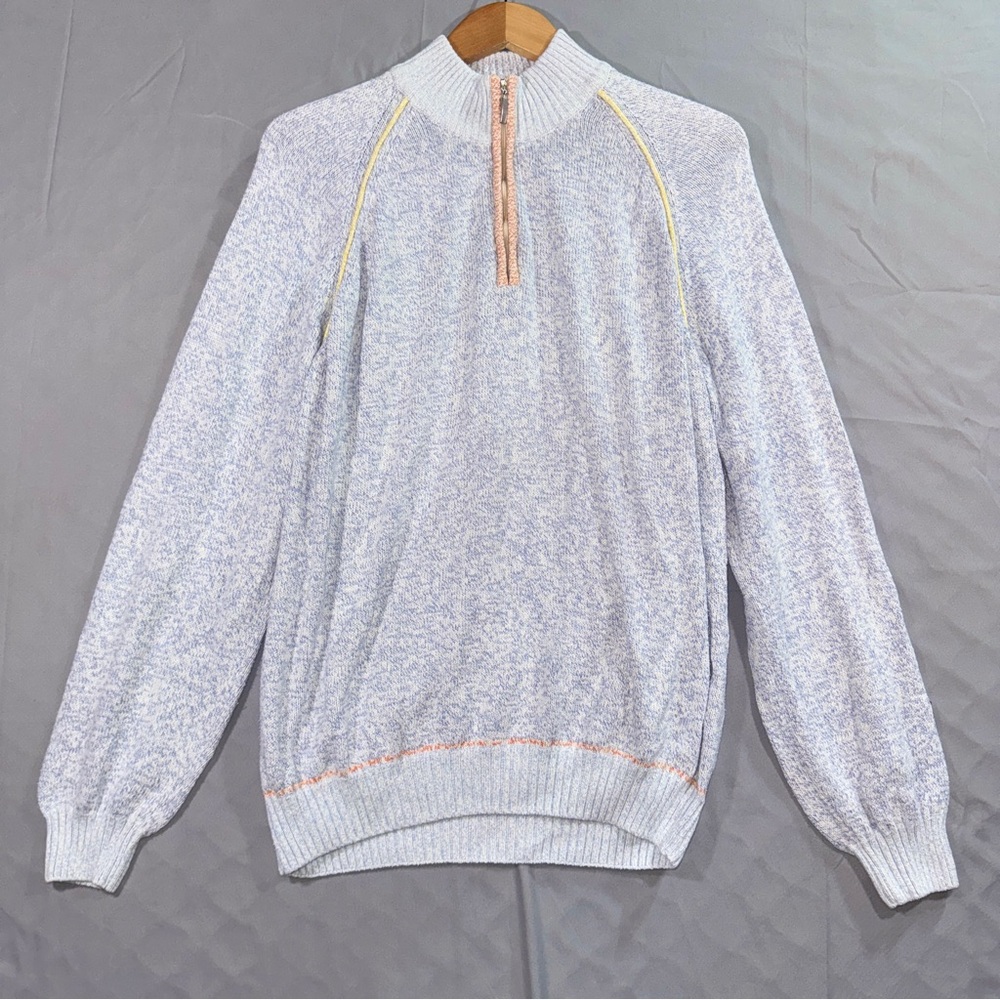 Gran Sasso Sweater Mens Medium Blue 1/4 Zip Mock Neck Cotton Knit Italy Pullover